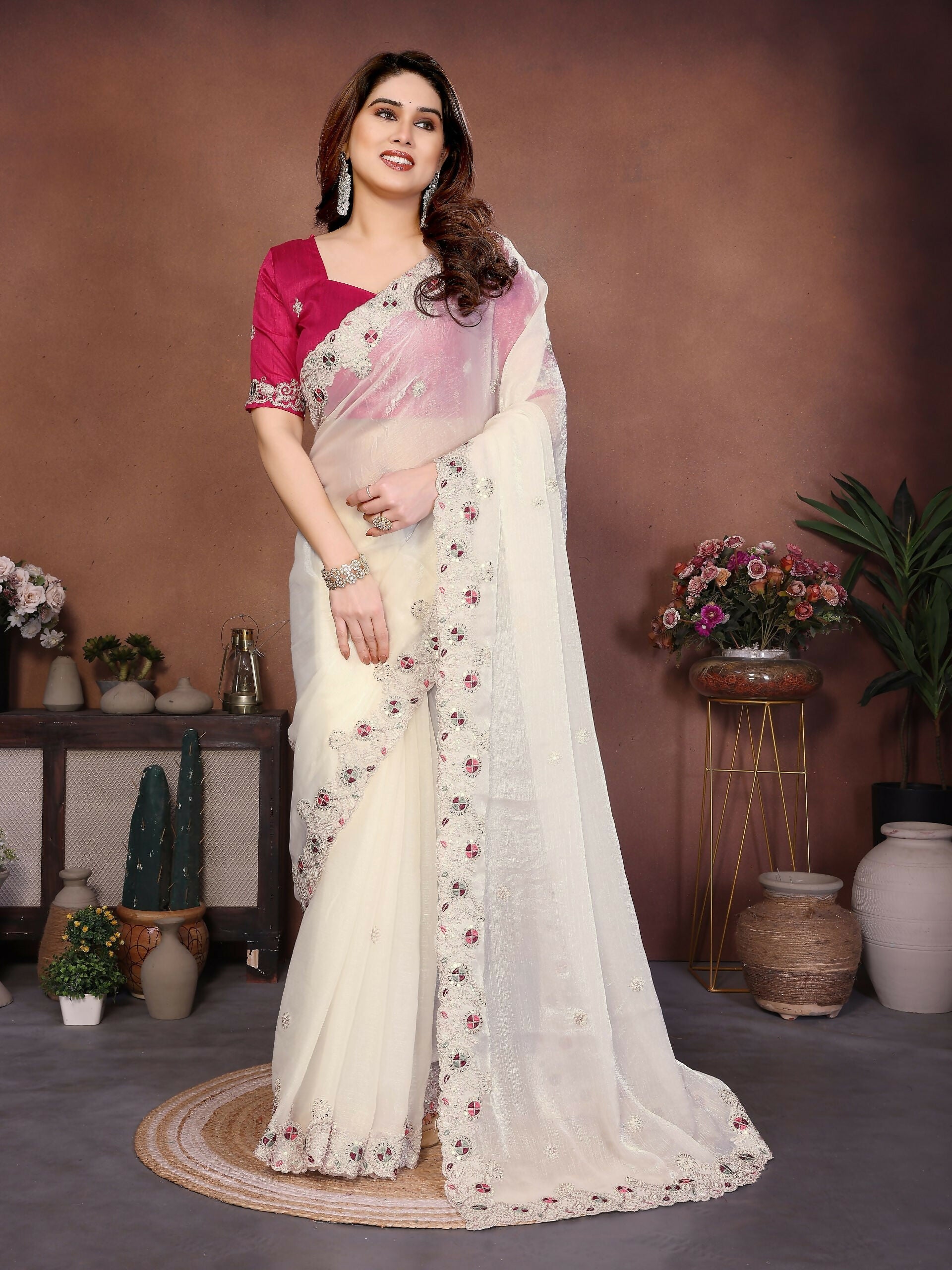 Teeya Creation New Womens Latest Party Wear Soft Chiffon Silk Saree-White
