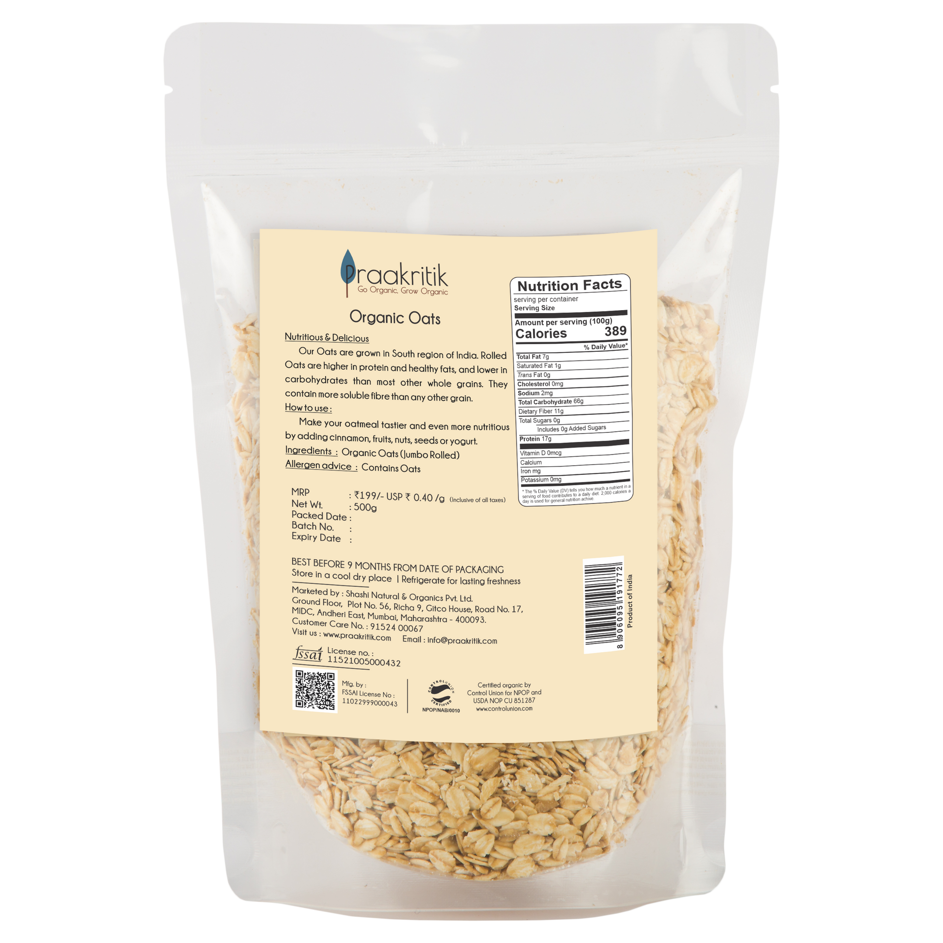 Prakritik Organic Jumbo Rolled Oats - Grab2buy