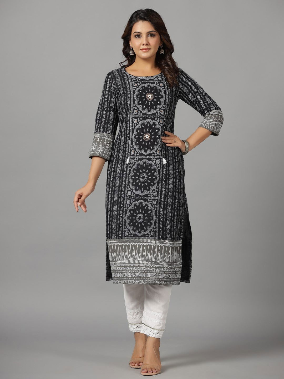 Juniper Women's Black Ethnic Motif Printed Rayon Slub Kurta With Beads & Sequins Work | Grab2Buy