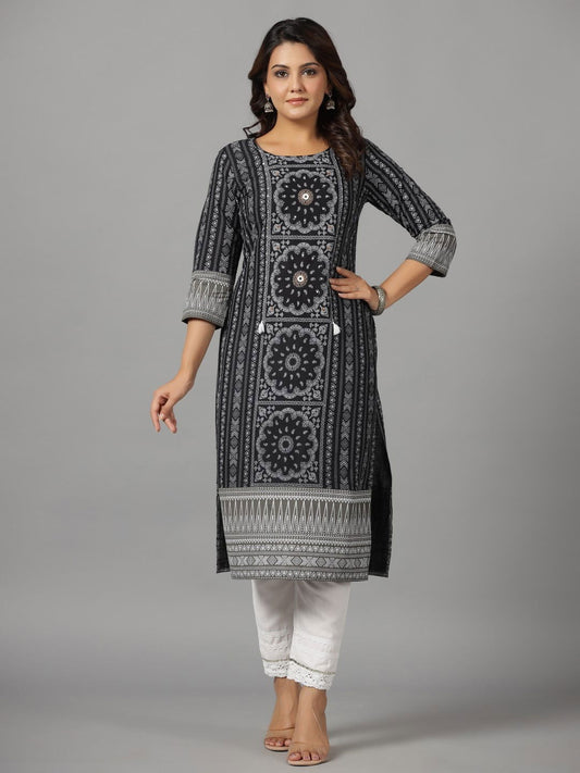 Juniper Women's Black Ethnic Motif Printed Rayon Slub Kurta With Beads & Sequins Work | Grab2Buy