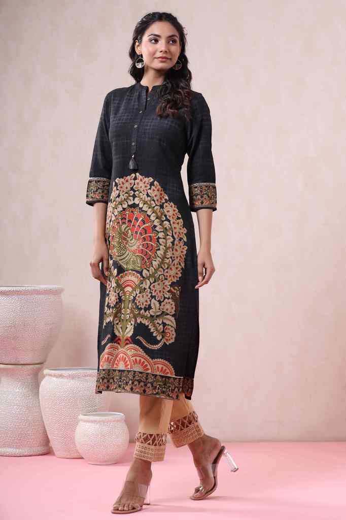 Juniper Black Liva Rayon Printed Straight Kurta