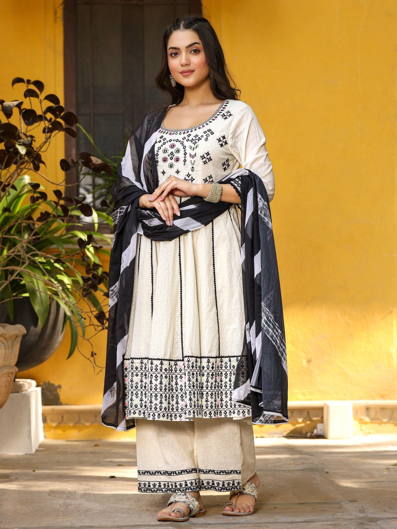 Juniper Women's Black & White Cotton Embroidered Anarkali Kurta Pants & Dupatta Set