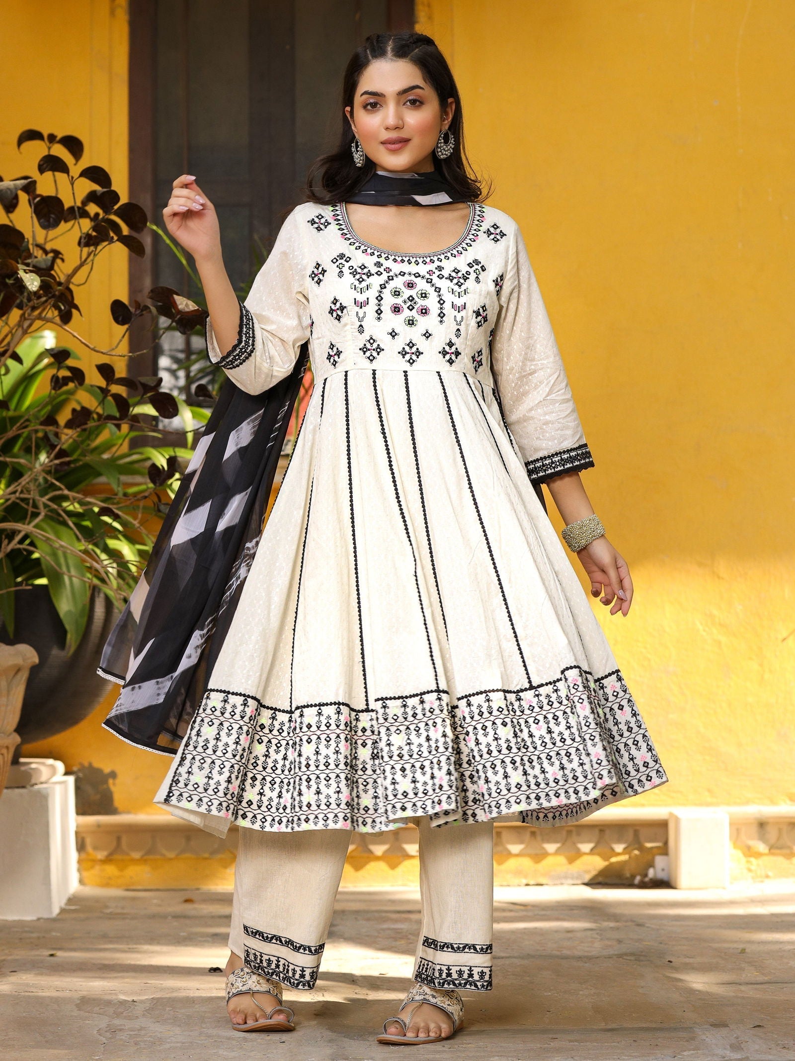 Juniper Women's Black & White Cotton Embroidered Anarkali Kurta Pants & Dupatta Set