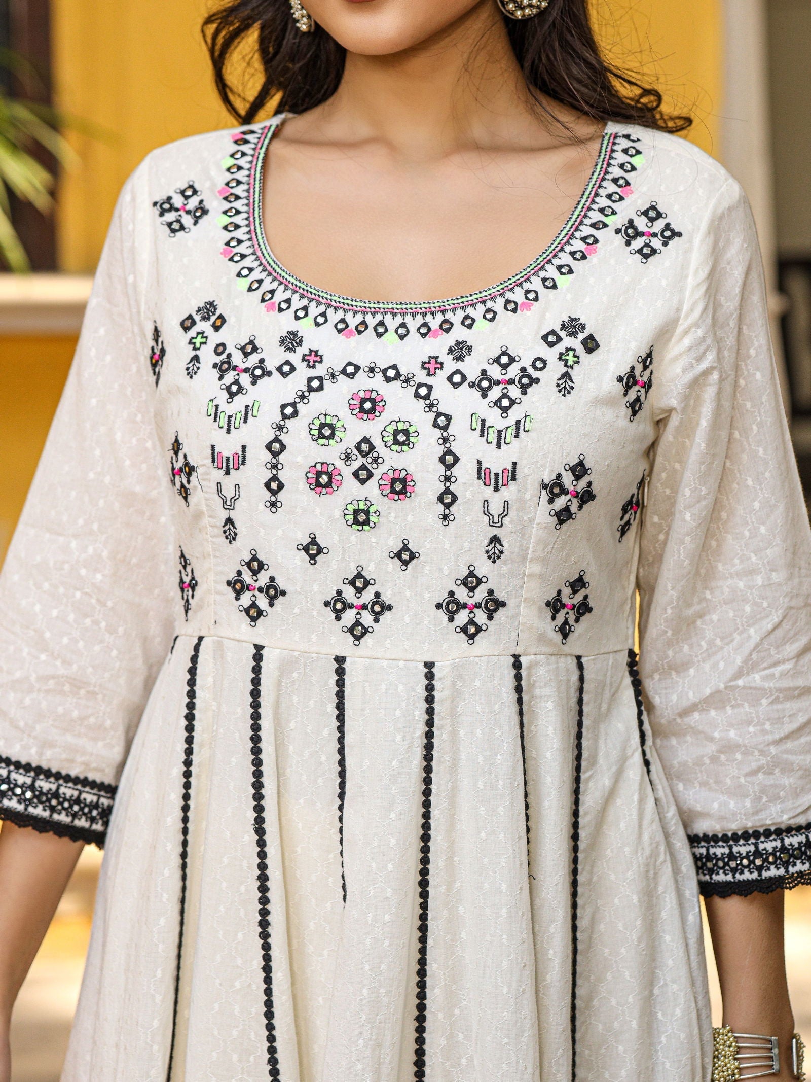 Juniper Women's Black & White Cotton Embroidered Anarkali Kurta Pants & Dupatta Set