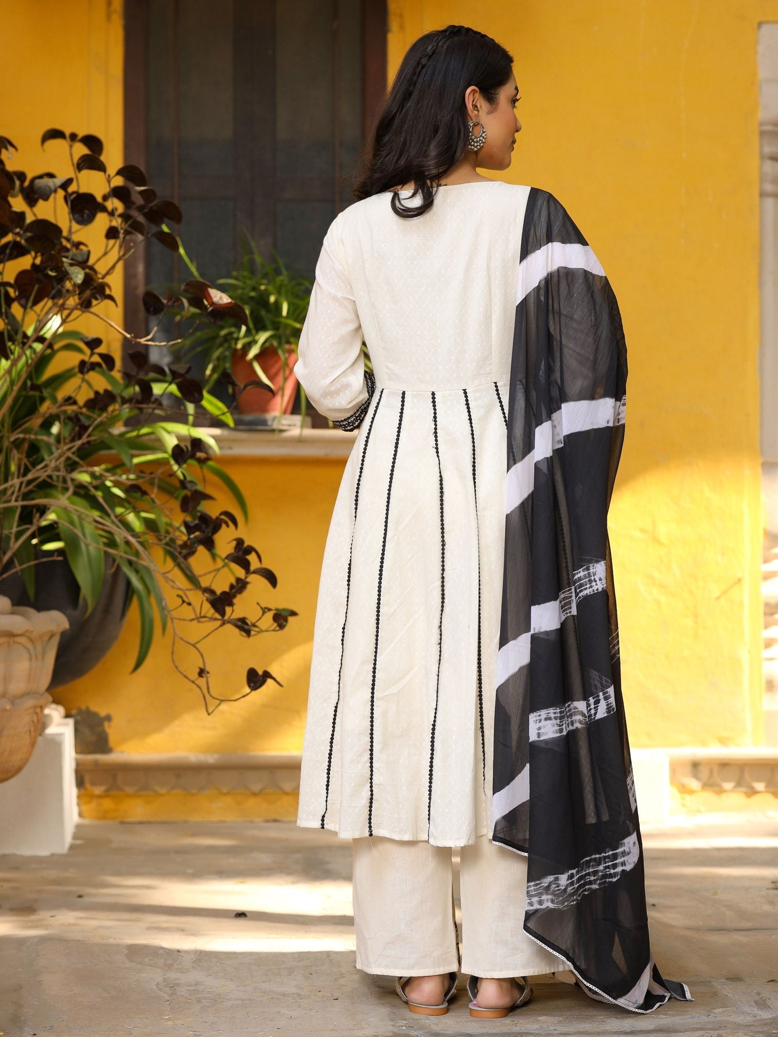 Juniper Women's Black & White Cotton Embroidered Anarkali Kurta Pants & Dupatta Set