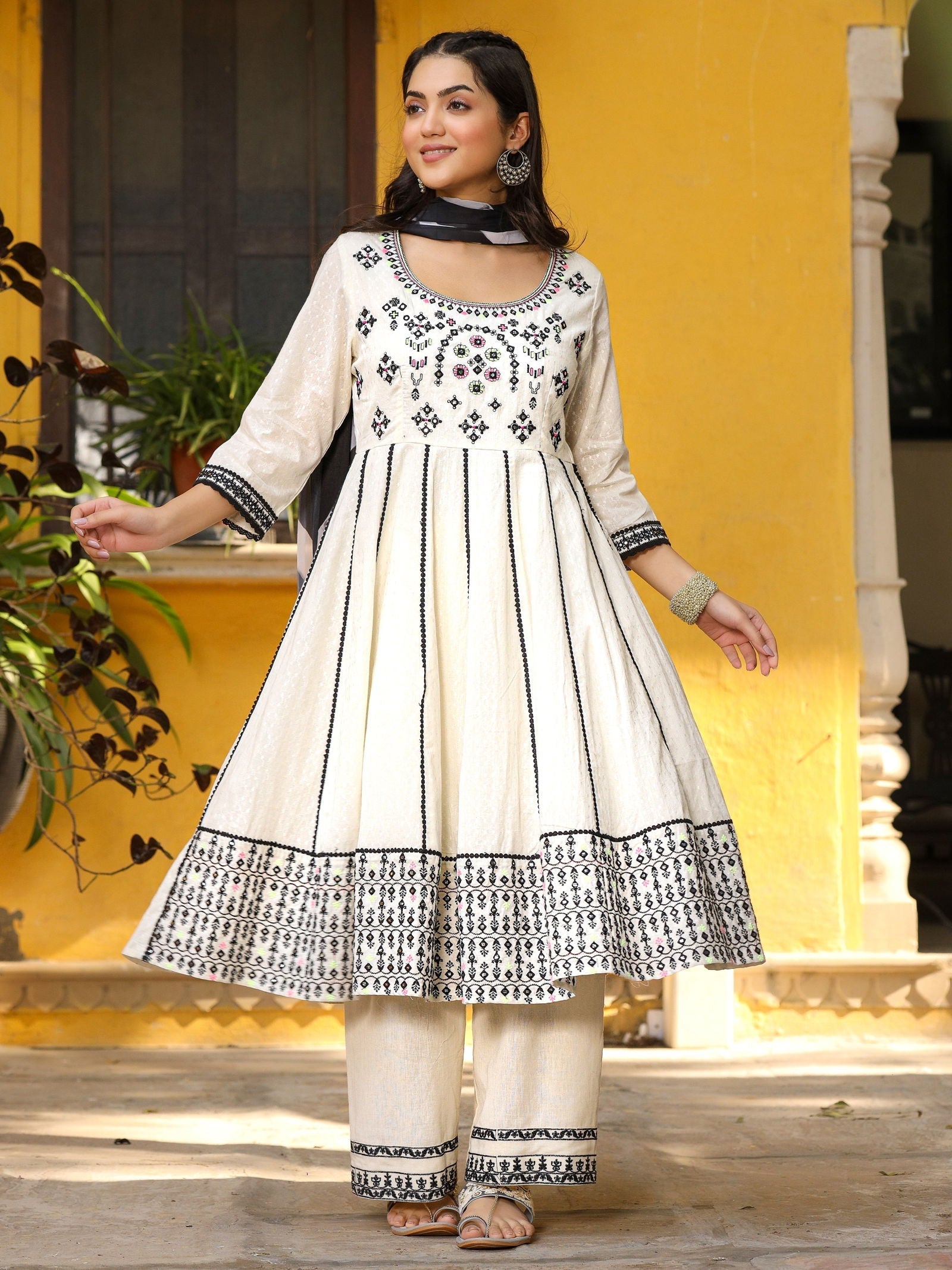Juniper Women's Black & White Cotton Embroidered Anarkali Kurta Pants & Dupatta Set
