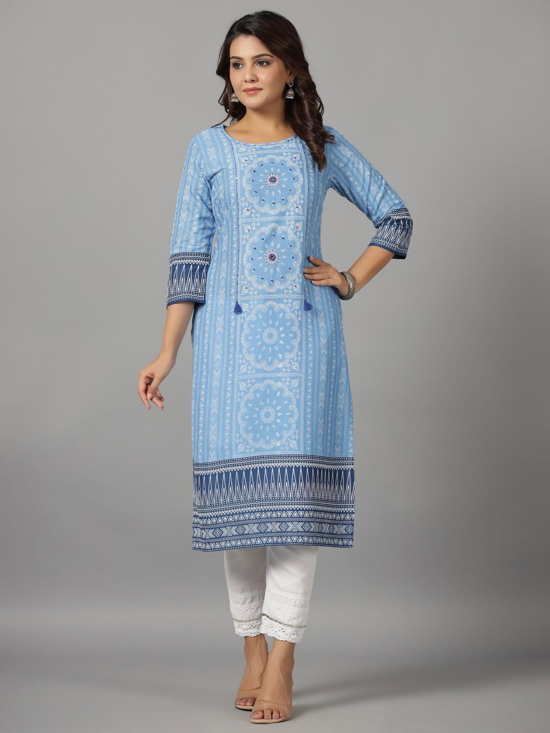 Juniper Women's Blue Ethnic Motif Printed Rayon Slub Kurta With Beads & Sequins | Grab2Buy