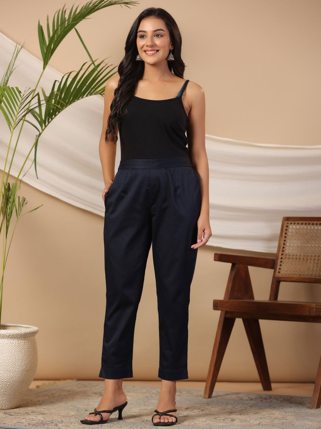 Juniper Blue Solid Lycra Women Drawstring Pants With Single Side Pocket