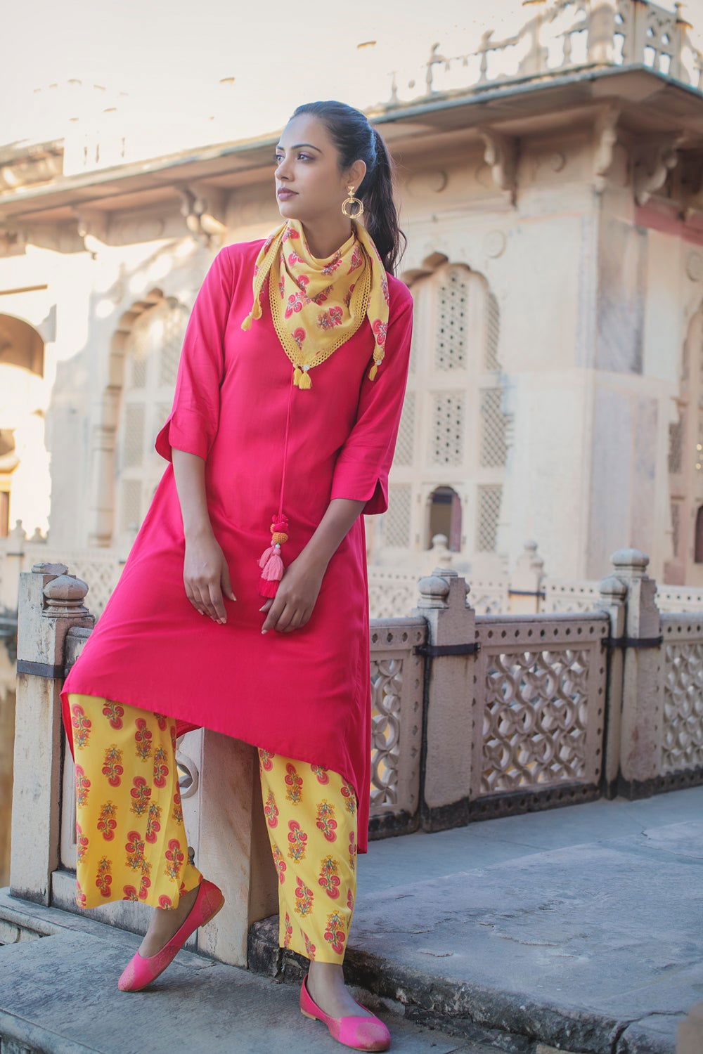 Juniper Women's Coral Solid With Printed Rayon Slub Kurta Palazzo & Cotton Dupatta With Tassels