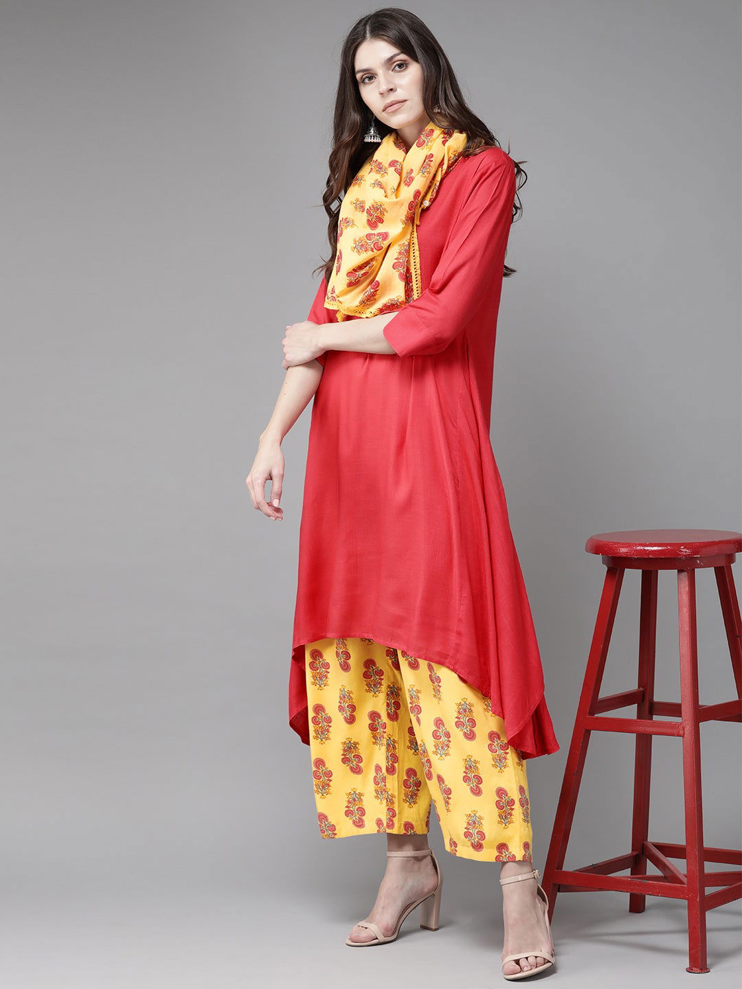 Juniper Women's Coral Solid With Printed Rayon Slub Kurta Palazzo & Cotton Dupatta With Tassels