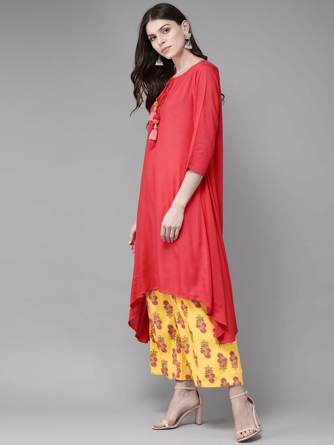 Juniper Women's Coral Solid With Printed Rayon Slub Kurta Palazzo & Cotton Dupatta With Tassels