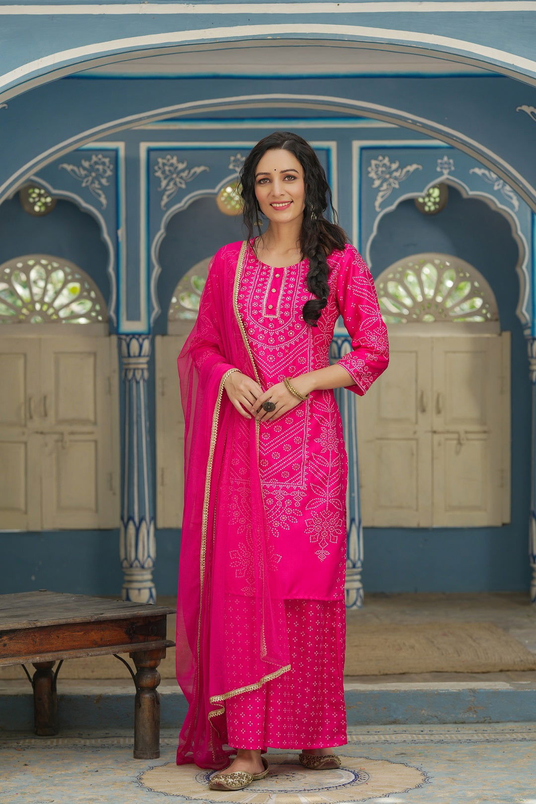 Juniper Women's Fuchsia Bandhani Printed Satin Kurta Palazzo & Net Dupatta Set With Beads & Lace Work