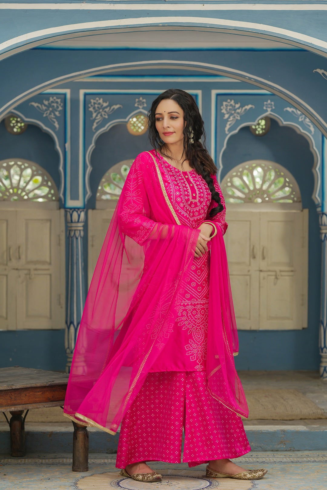 Juniper Women's Fuchsia Bandhani Printed Satin Kurta Palazzo & Net Dupatta Set With Beads & Lace Work