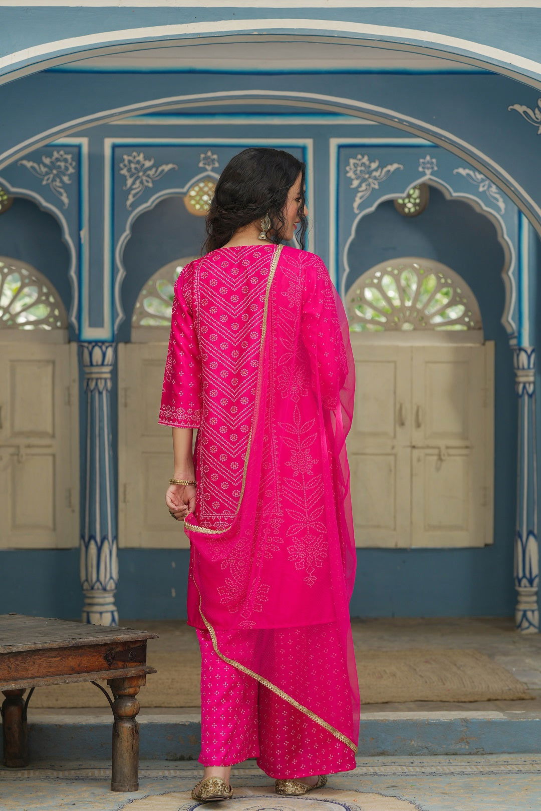 Juniper Women's Fuchsia Bandhani Printed Satin Kurta Palazzo & Net Dupatta Set With Beads & Lace Work