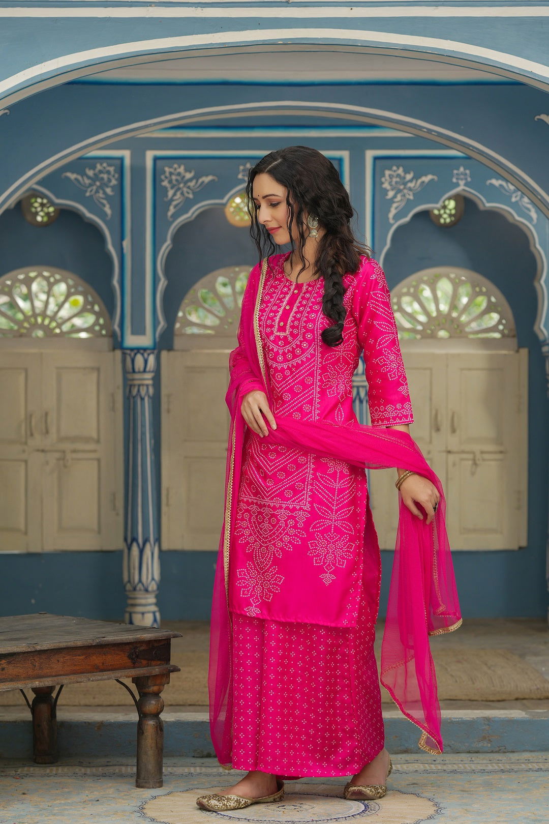 Juniper Women's Fuchsia Bandhani Printed Satin Kurta Palazzo & Net Dupatta Set With Beads & Lace Work