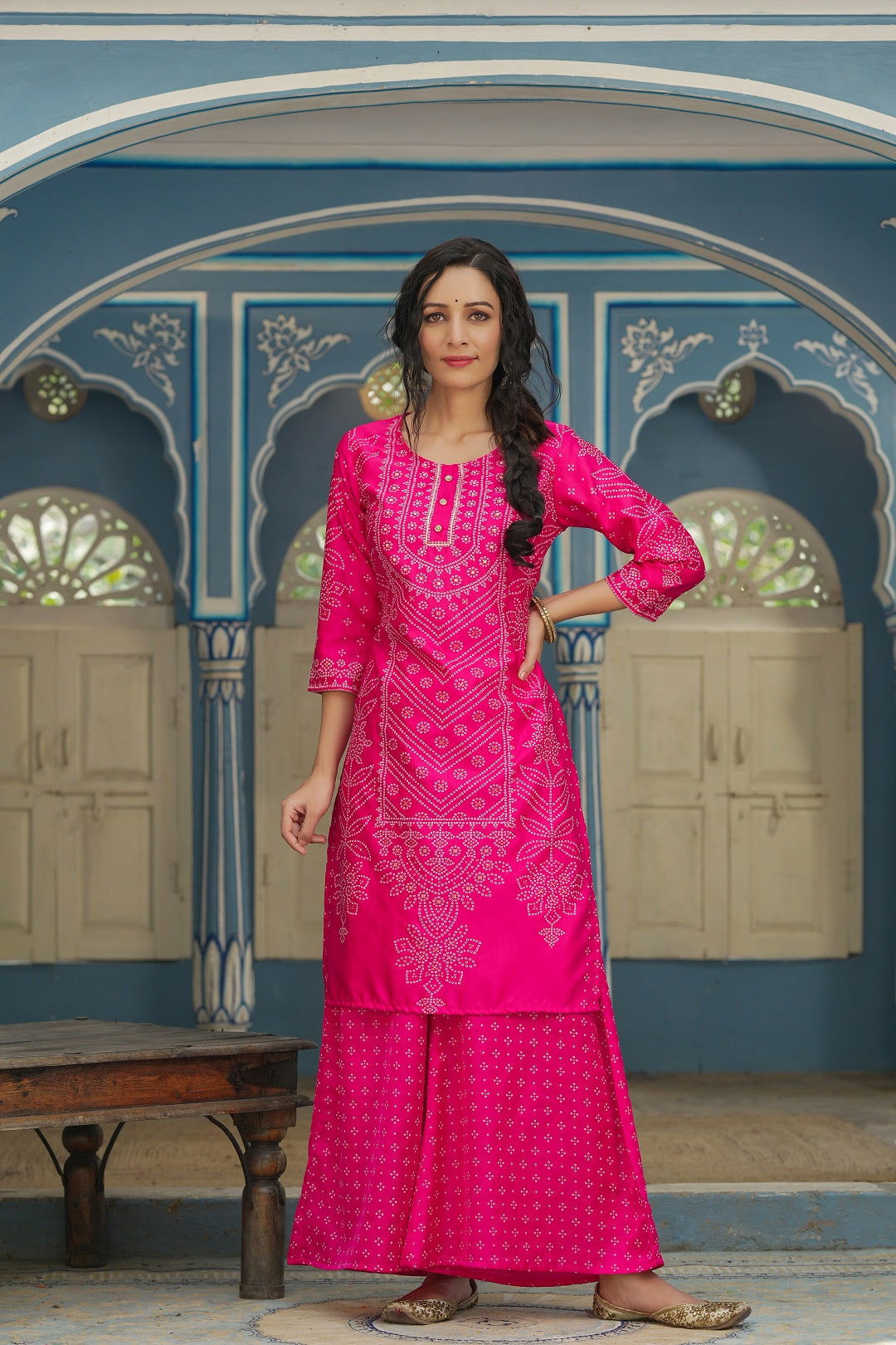 Juniper Women's Fuchsia Bandhani Printed Satin Kurta Palazzo & Net Dupatta Set With Beads & Lace Work