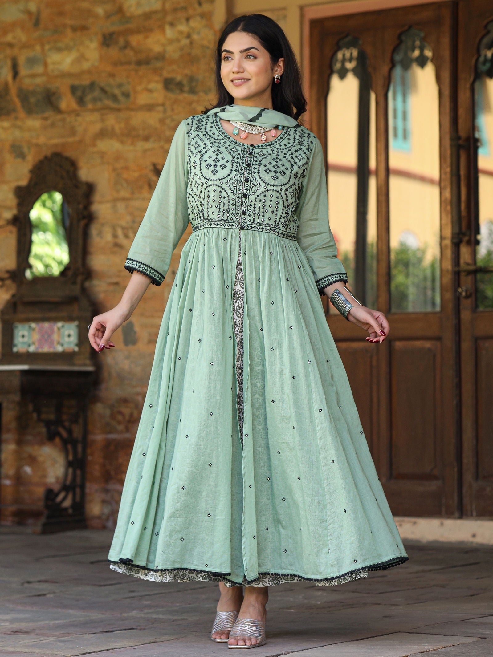 Juniper Women's Green & Black Cotton Embroidered Anarkali Dress With Jacket & Tie-Dye Dupatta