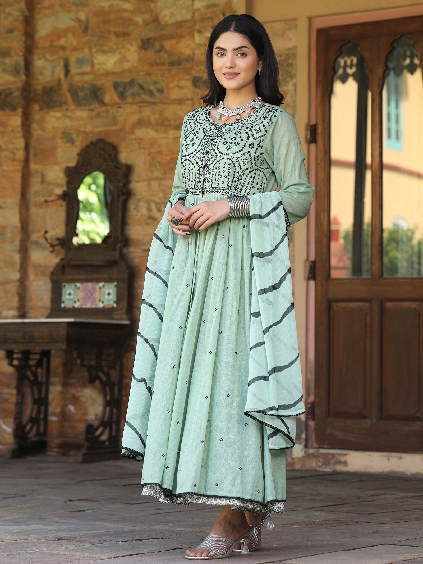 Juniper Women's Green & Black Cotton Embroidered Anarkali Dress With Jacket & Tie-Dye Dupatta