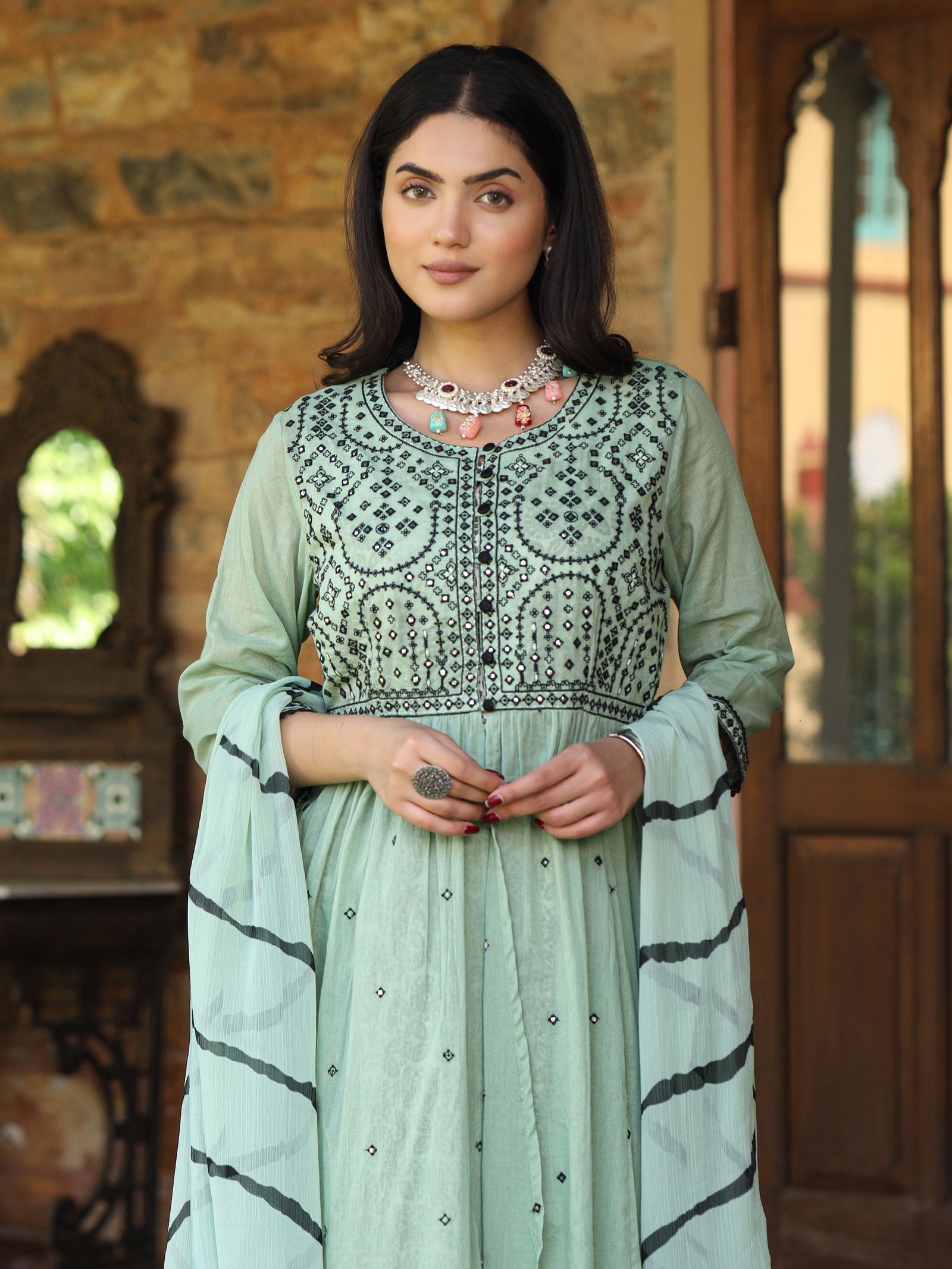 Juniper Women's Green & Black Cotton Embroidered Anarkali Dress With Jacket & Tie-Dye Dupatta