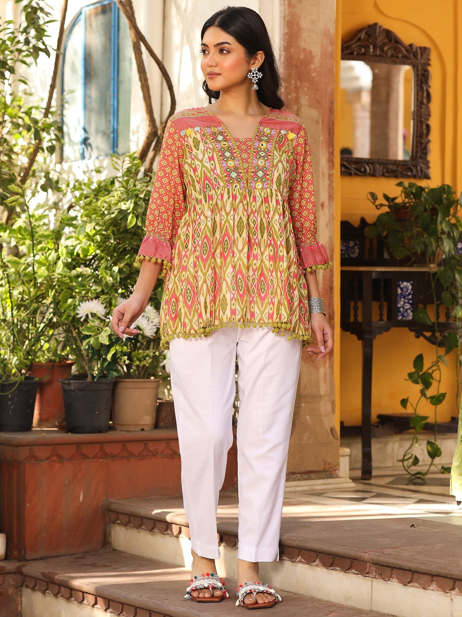 Juniper Women Ikat Printed & Embroidered Green Cotton Voile Peplum Tunic