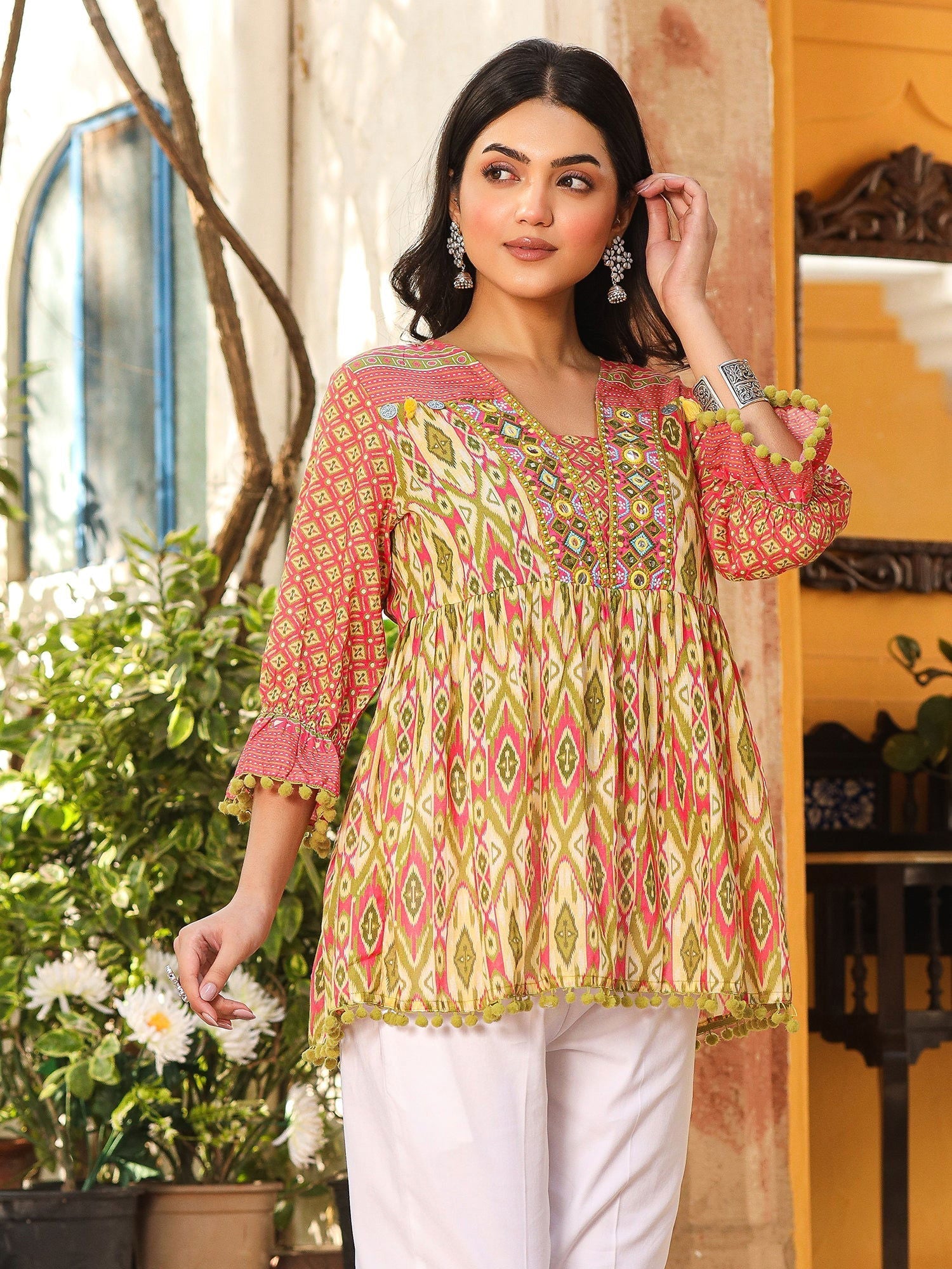 Juniper Women Ikat Printed & Embroidered Green Cotton Voile Peplum Tunic