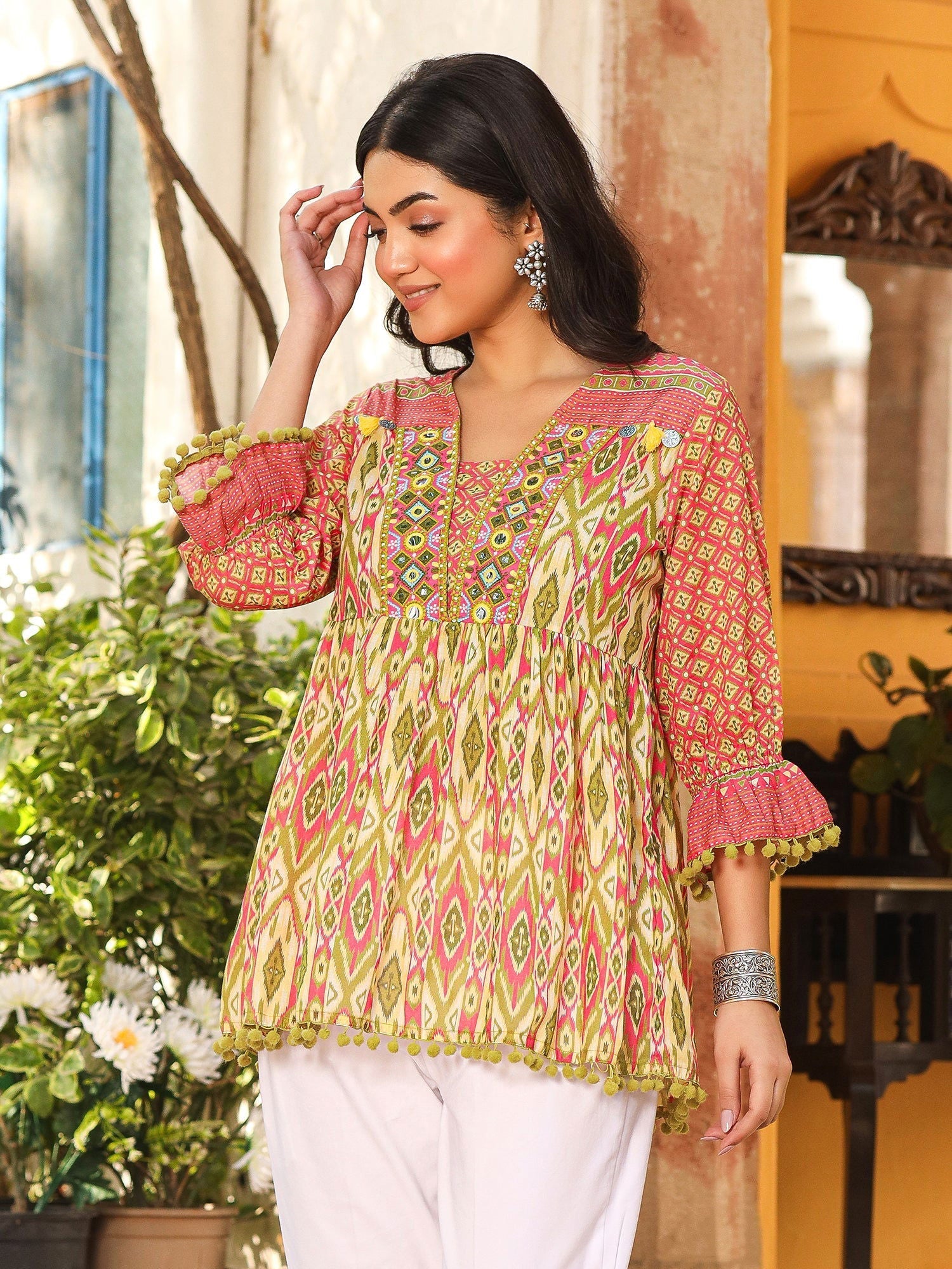 Juniper Women Ikat Printed & Embroidered Green Cotton Voile Peplum Tunic