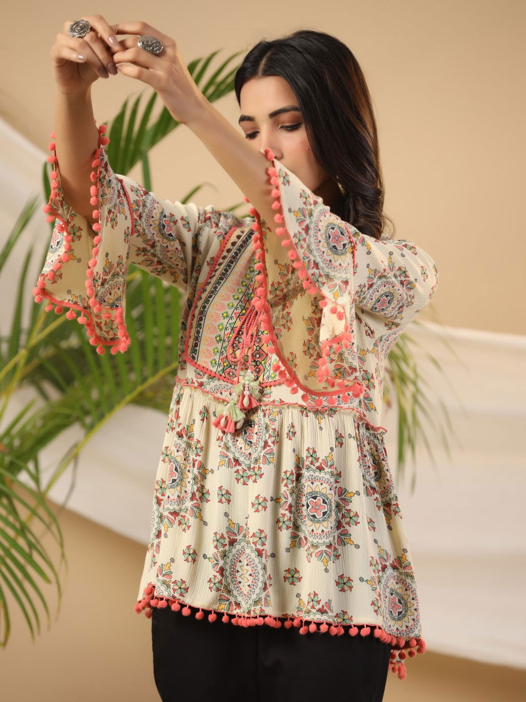 Juniper Women's Green Ethnic Motif Printed Rayon Crepe Tunic With Beads Work