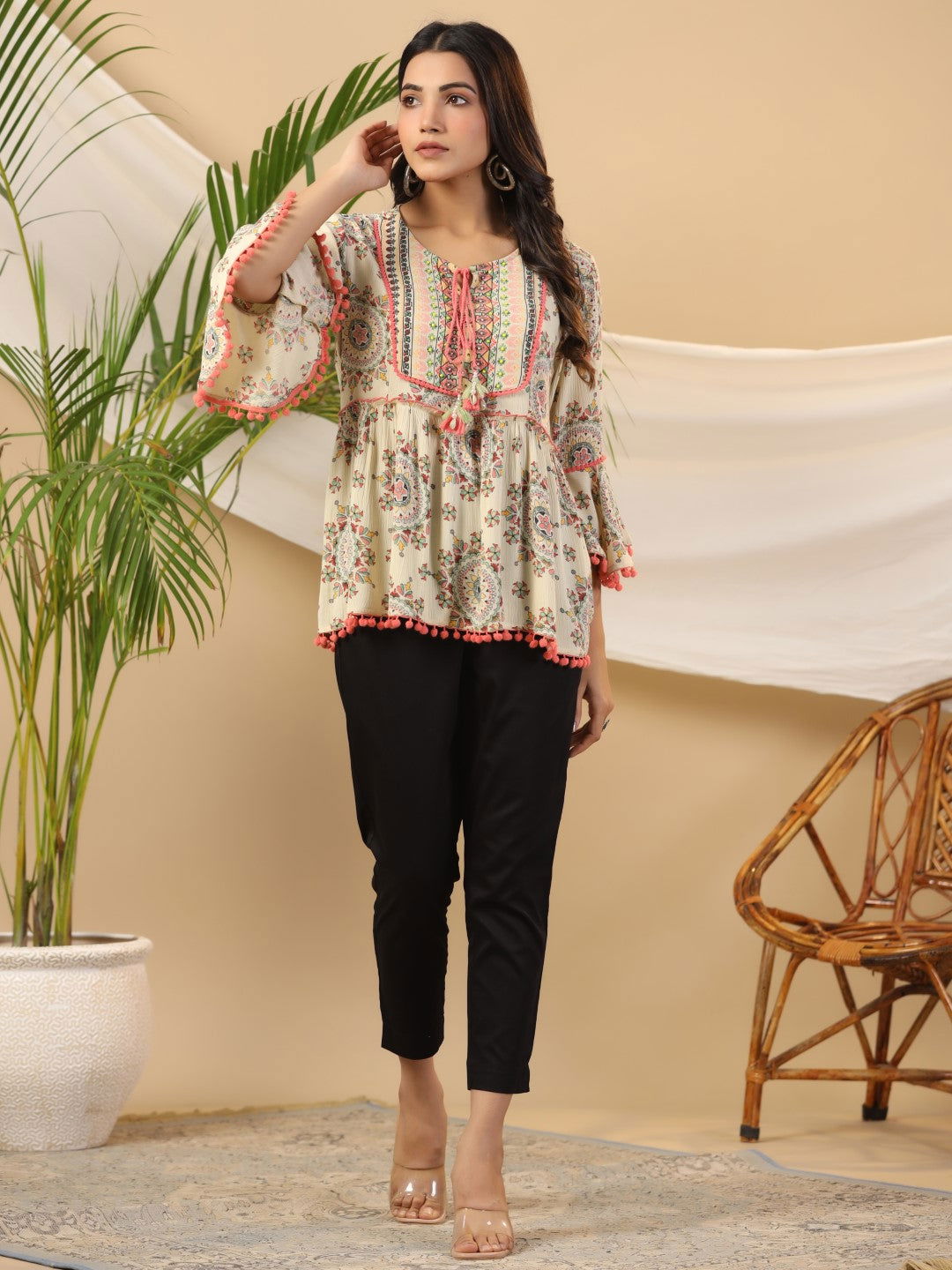 Juniper Women's Green Ethnic Motif Printed Rayon Crepe Tunic With Beads Work