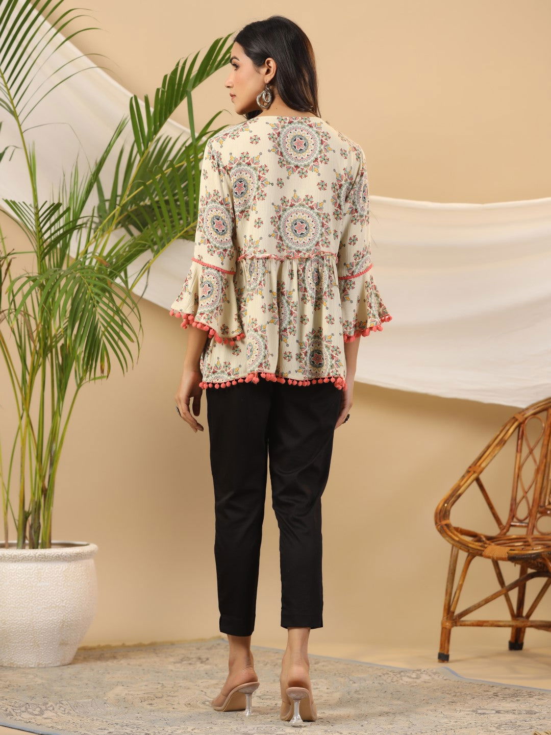 Juniper Women's Green Ethnic Motif Printed Rayon Crepe Tunic With Beads Work