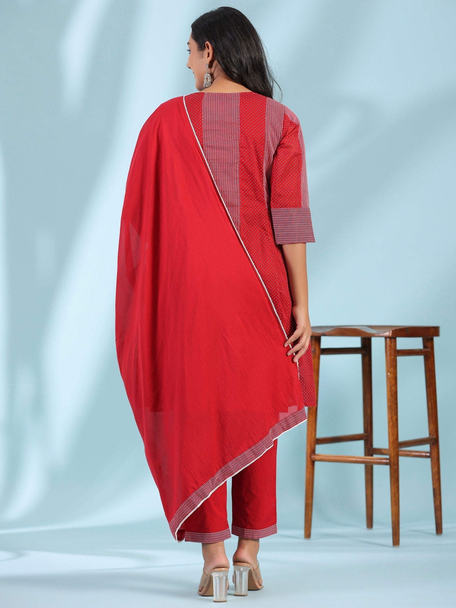 Juniper Red Ethnic Motif Printed Cotton Voile Kurta With Pant & Dupatta With Pintucks At Front & Beadwork