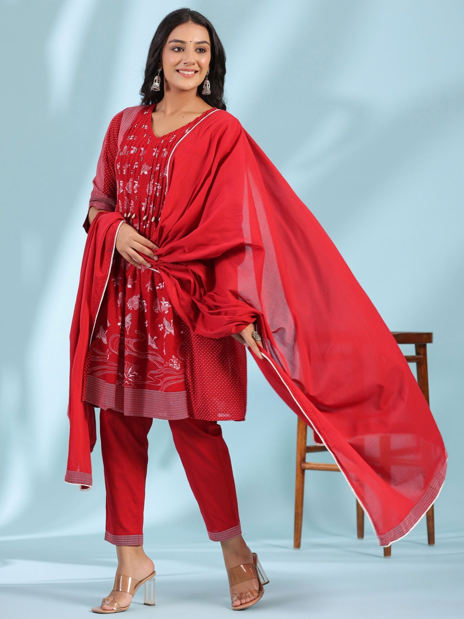 Juniper Red Ethnic Motif Printed Cotton Voile Kurta With Pant & Dupatta With Pintucks At Front & Beadwork