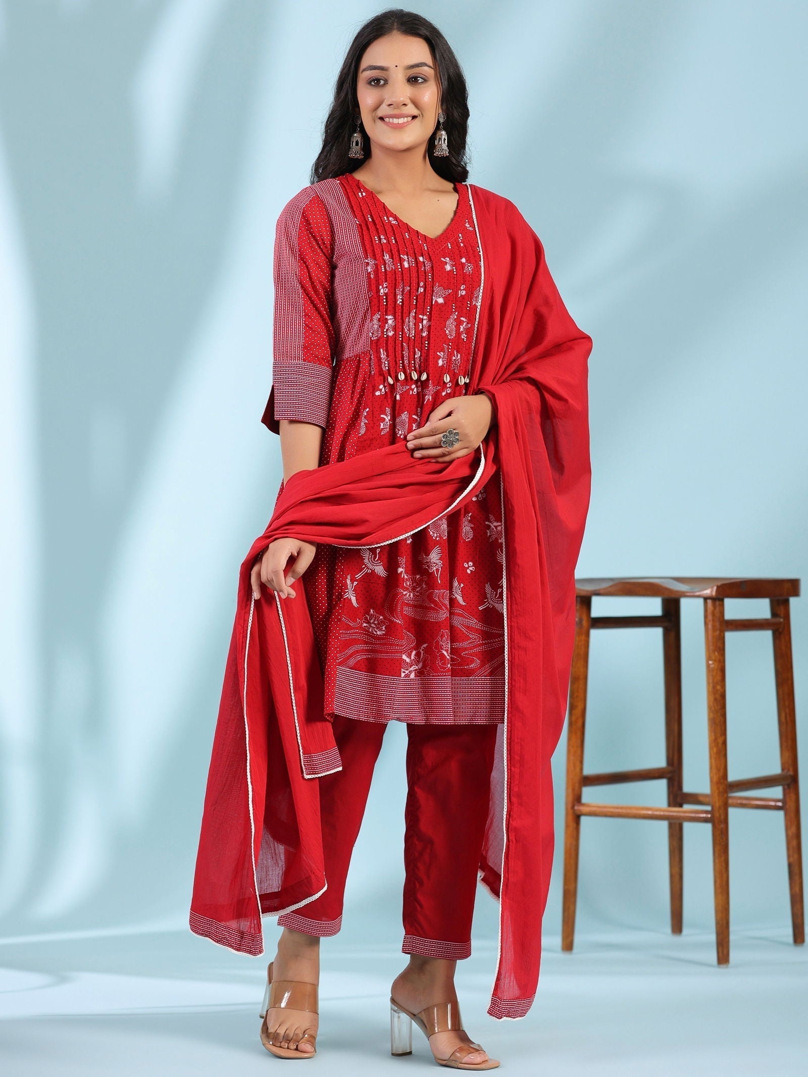 Juniper Red Ethnic Motif Printed Cotton Voile Kurta With Pant & Dupatta With Pintucks At Front & Beadwork