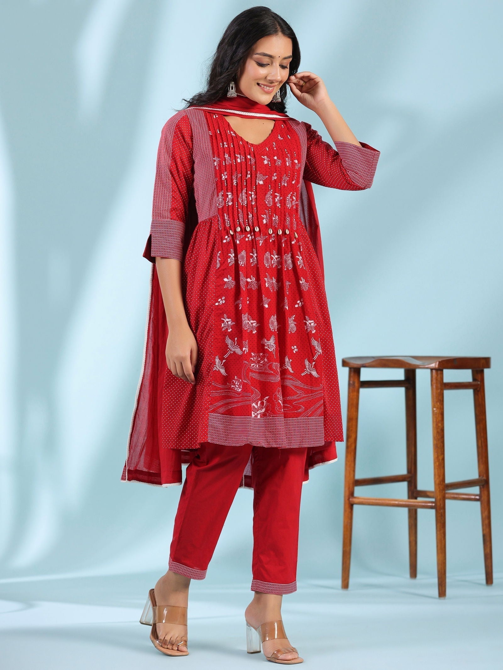 Juniper Red Ethnic Motif Printed Cotton Voile Kurta With Pant & Dupatta With Pintucks At Front & Beadwork