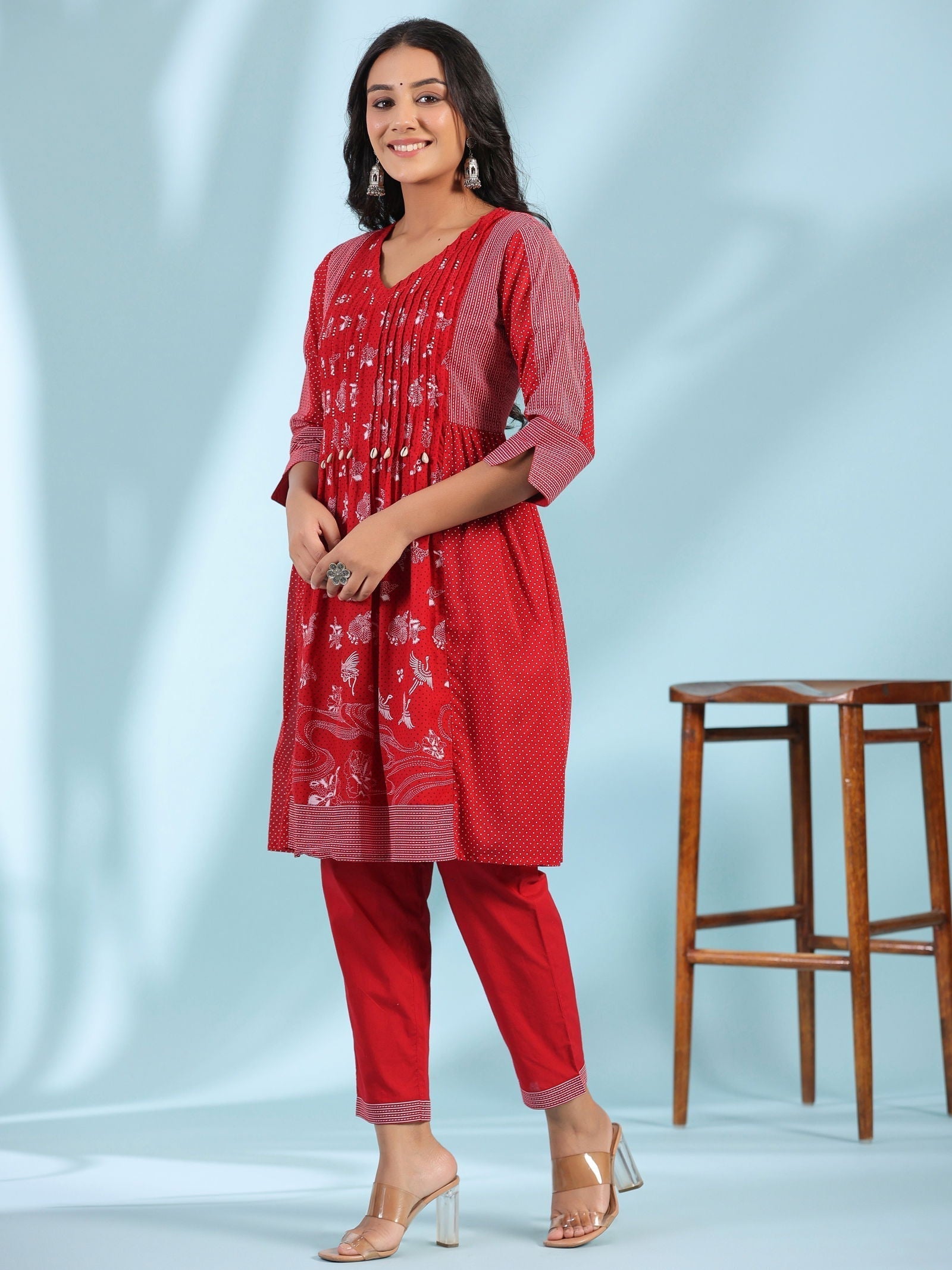 Juniper Red Ethnic Motif Printed Cotton Voile Kurta With Pant & Dupatta With Pintucks At Front & Beadwork