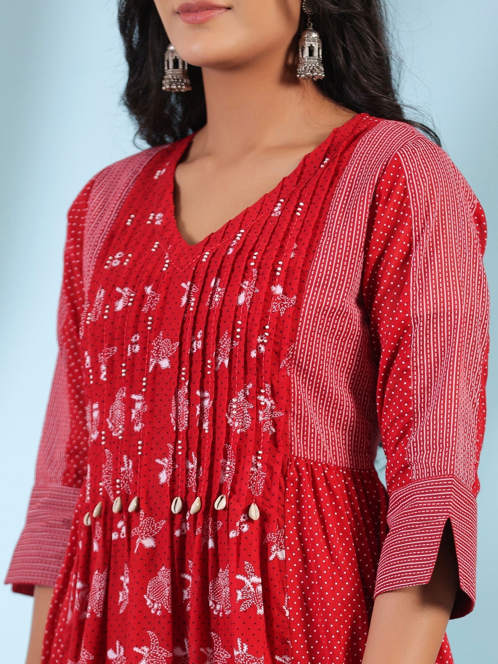 Juniper Red Ethnic Motif Printed Cotton Voile Kurta With Pant & Dupatta With Pintucks At Front & Beadwork