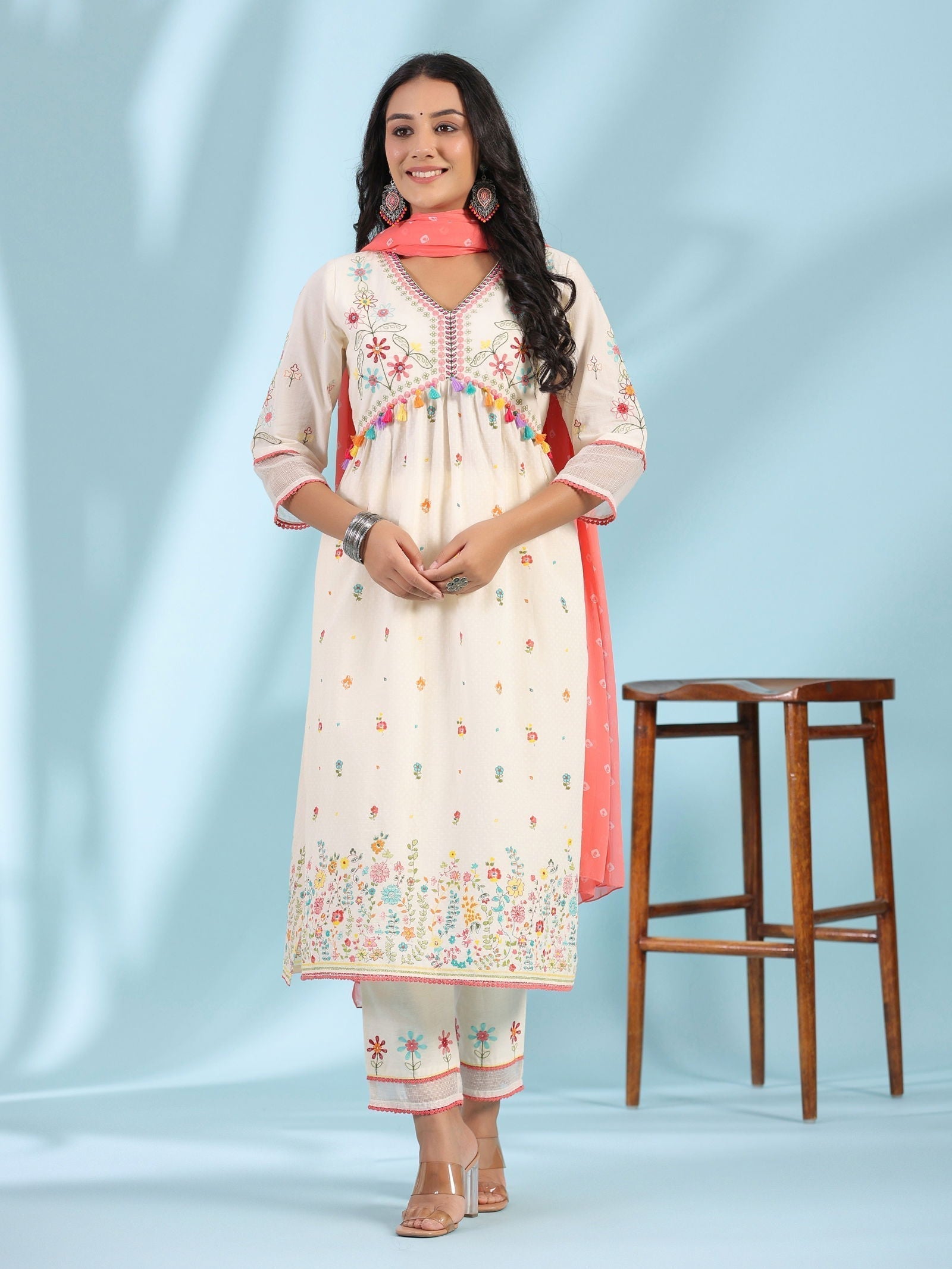 Juniper White Pure Cotton Floral Print Alia Cut Lacy Kurta With Pant & Dupatta Set With Tassel