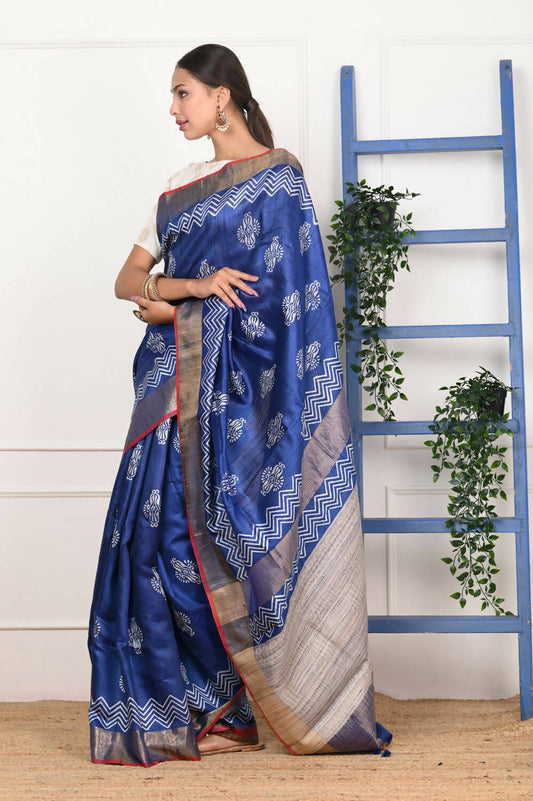 Very Much Indian Handloom Pure Tussar Silk Saree With Floral Prints - Blue - Grab2buy