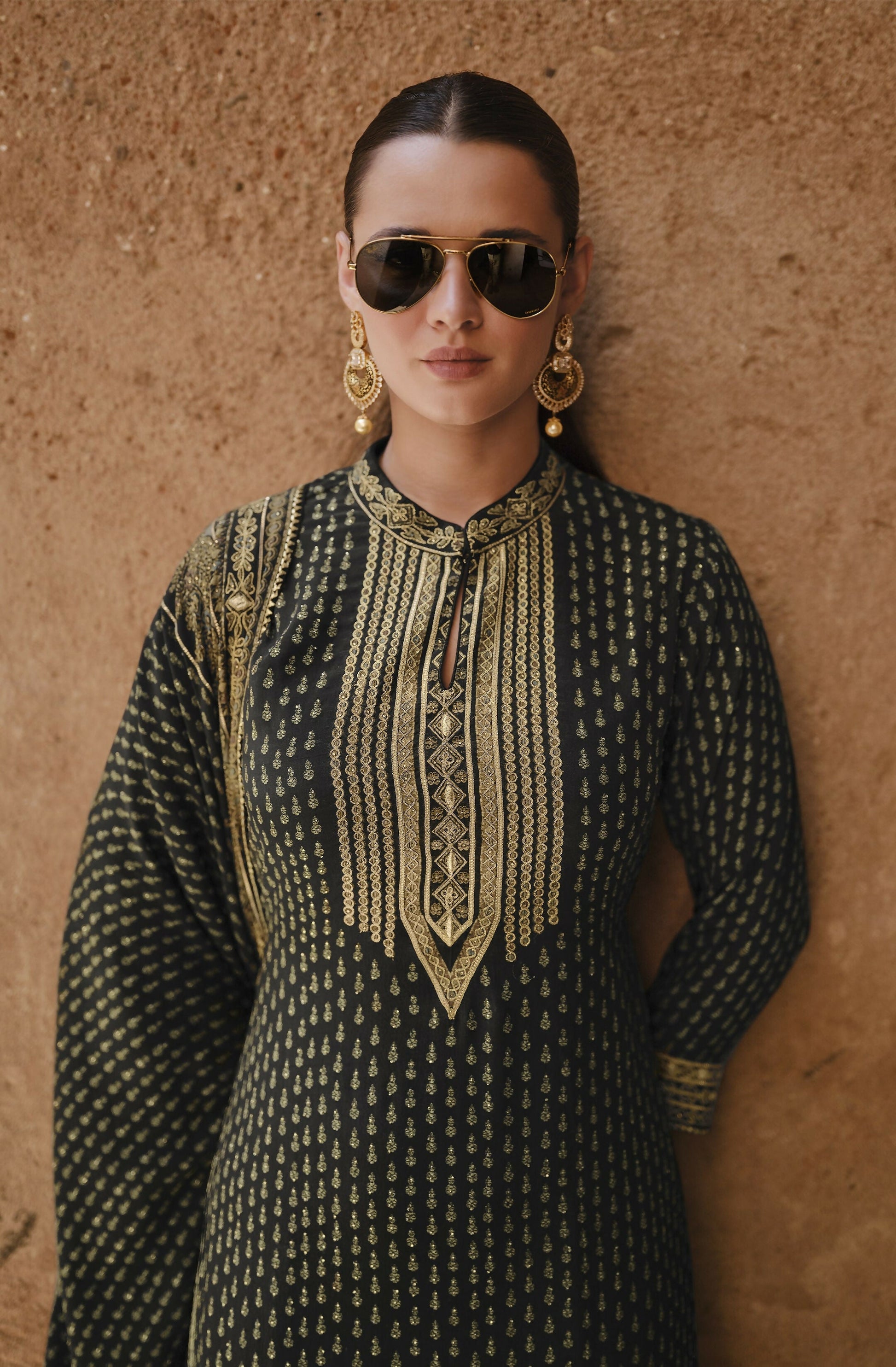 Anaita Black Silk Readymade Palazzo Suit with Swarovski Work