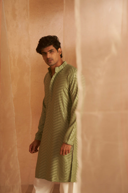 Pastel Green Viscose Embroidery Work Men's Kurta Set - Mahotsav
