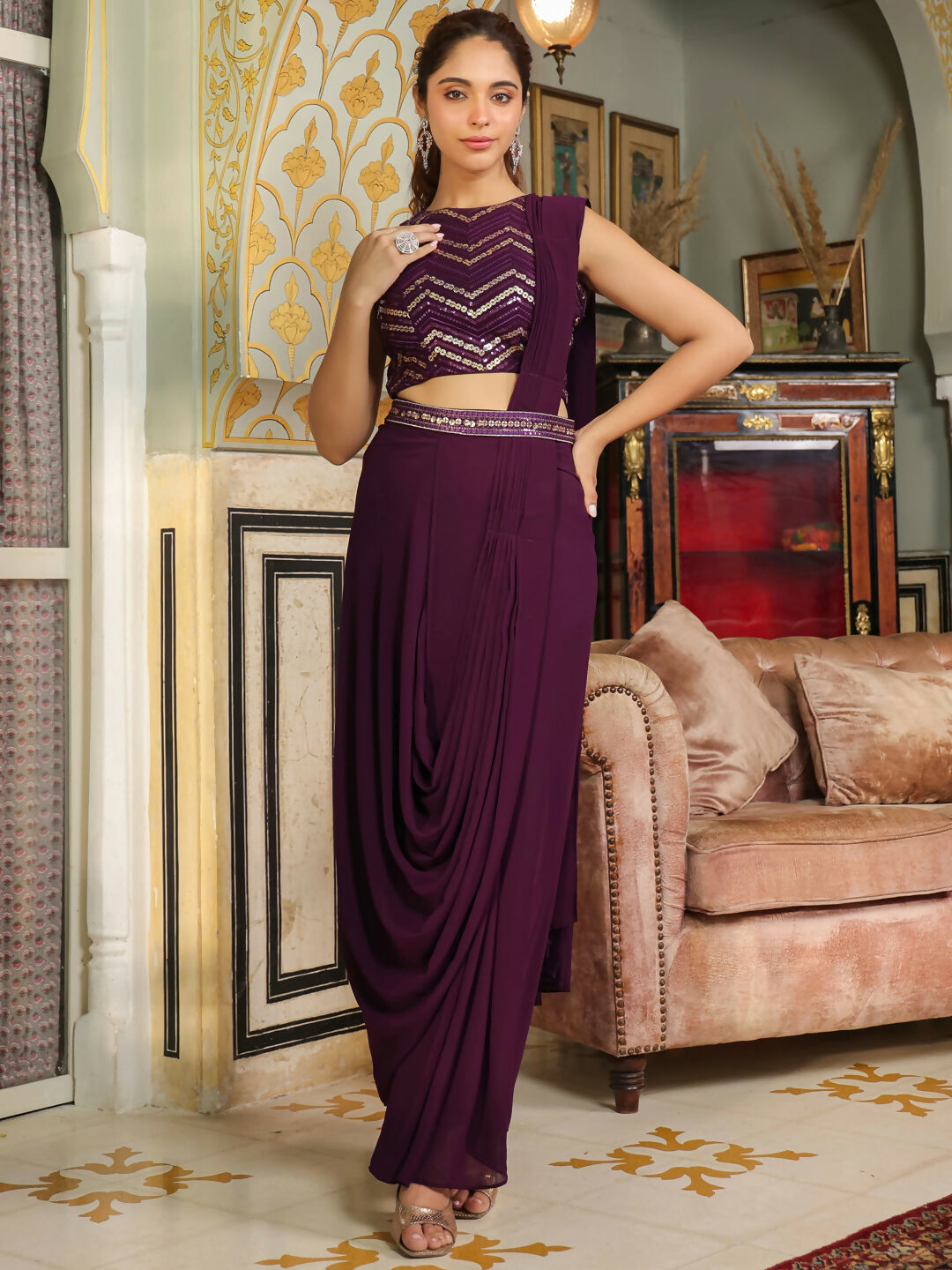 Janasya Purple Georgette Sequined Grab2Buy and Blouse 