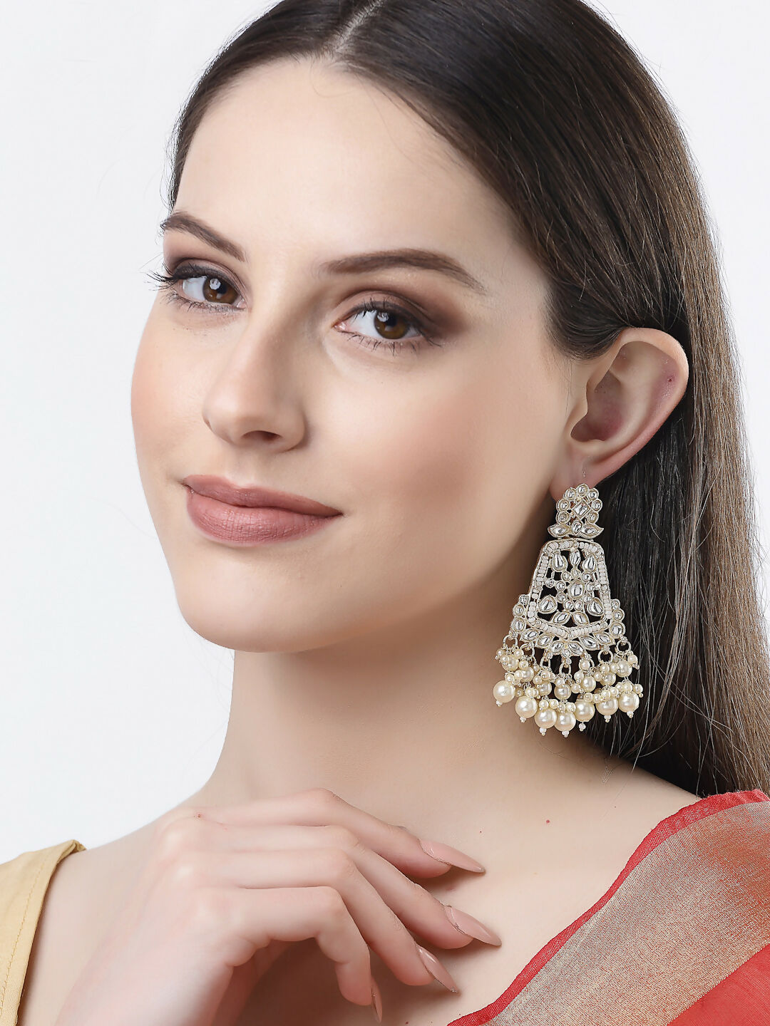 NVR Women Gold-Polished Kundan Drop Earrings 
