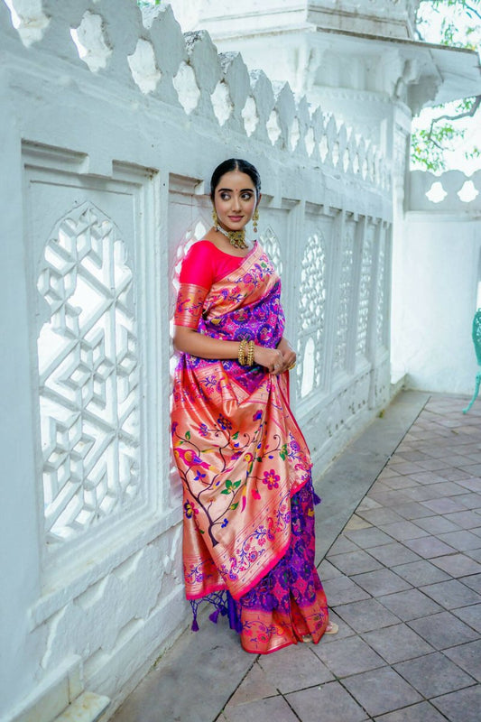 Aastha Fashion Purple Woven Paithani Silk Saree with Blouse - Grab2buy