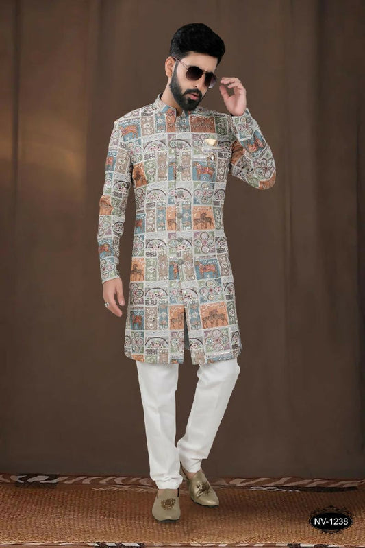 Joban Fashion Men's Base Blue(Multi Colours) Georgette Kurta with Pyjama