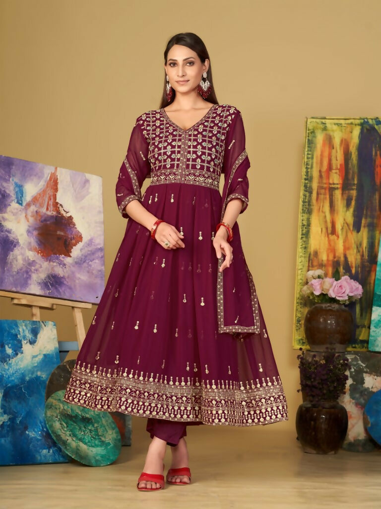 Jyoti Fashion Women's Rani Pink Georgette Embroidered Anarkali Kurta Pant Set With Dupatta