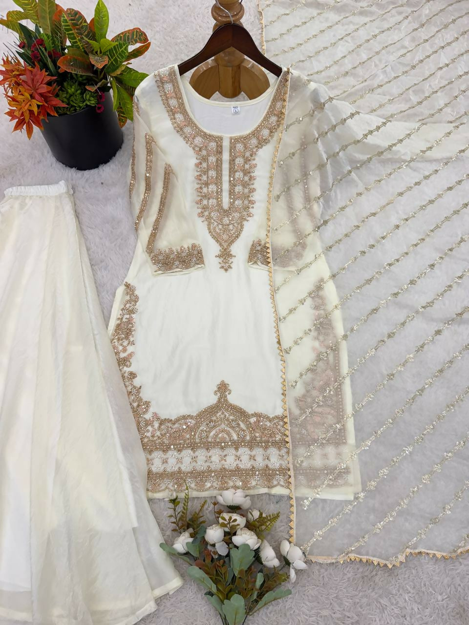 Teeya Creation Womens New Trendy Stylish Fancy Embroidery Beads Work Kurta Sharara Set For Wedding Wear - White