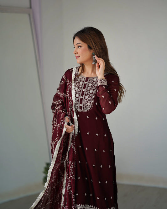 Teeya Creation Maroon Color Pure Rangoli Silk Heavy Embroidery Work Kurta Set
