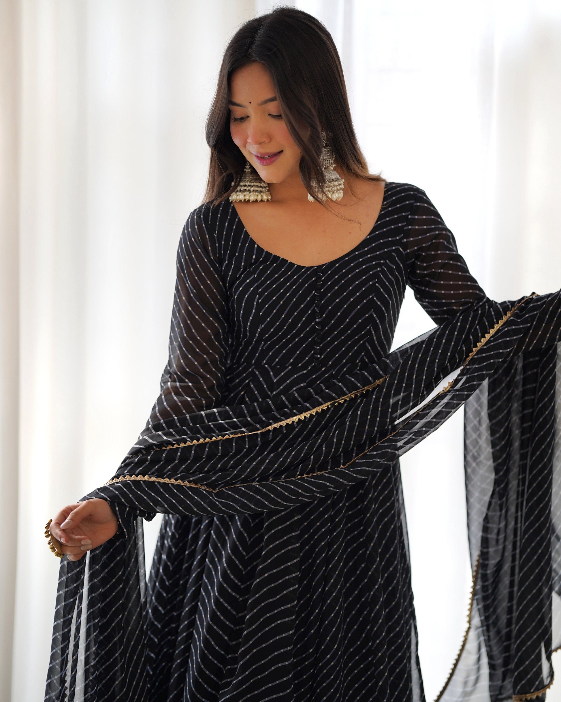 Teeya Creation Black Abstract Leheriya Print Faux Georgette Anarkali Gown With Pants And Dupatta