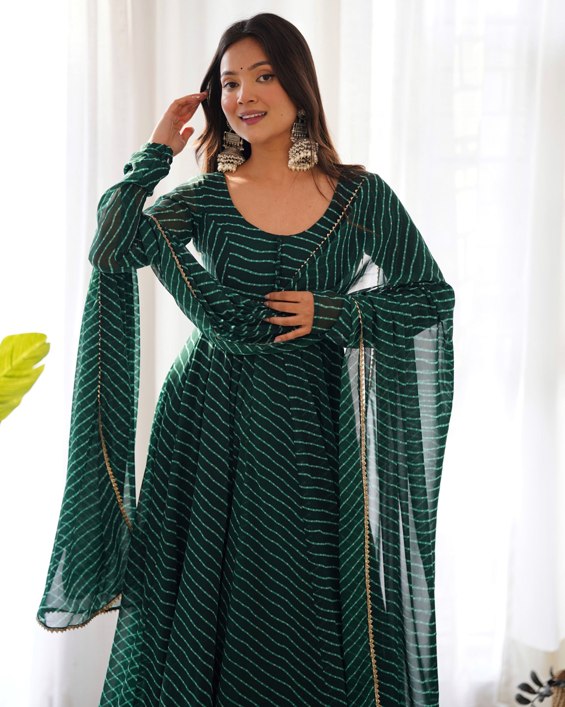 Teeya Creation Rama Abstract Leheriya Print Faux Georgette Anarkali Gown With Pants And Dupatta