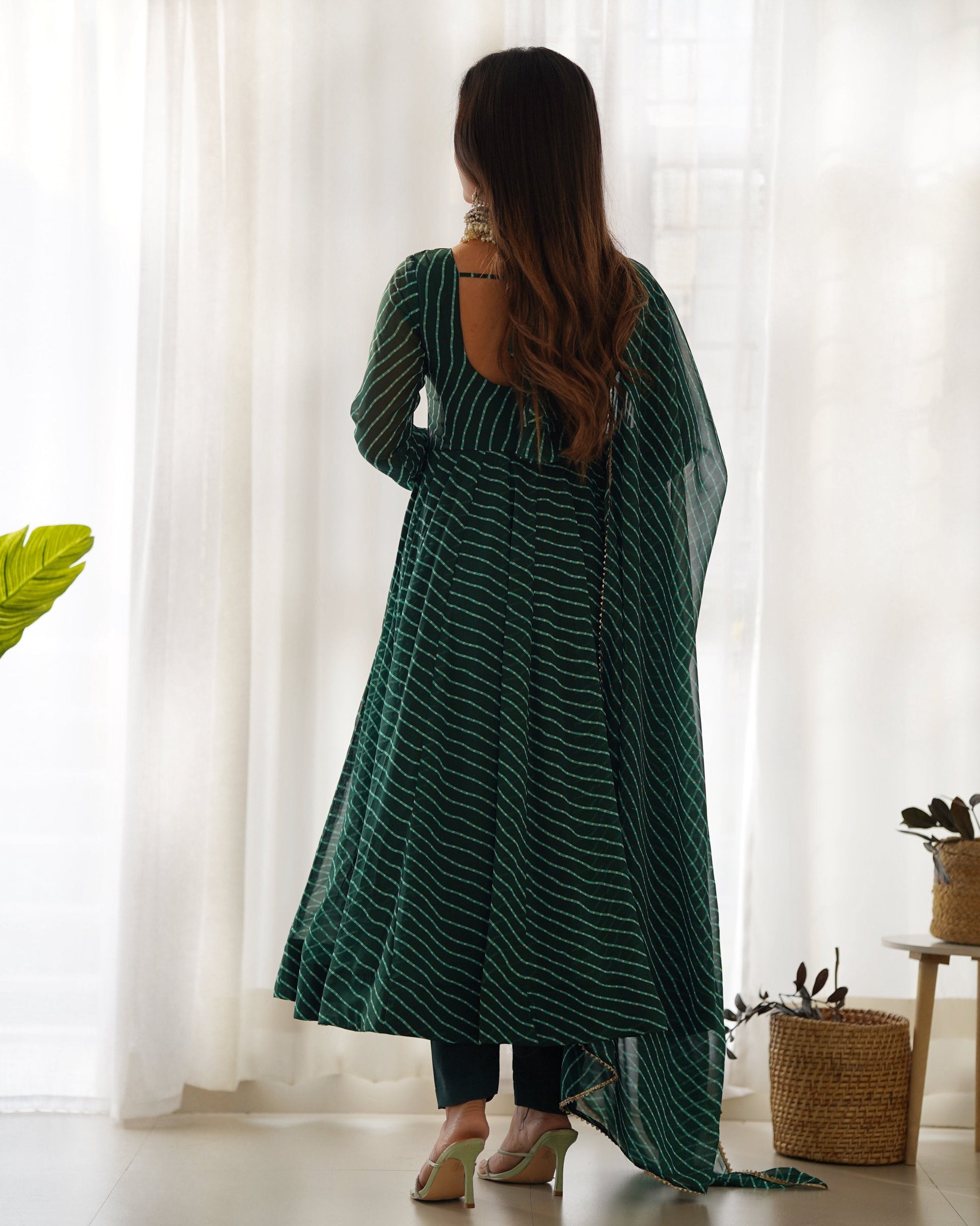 Teeya Creation Rama Abstract Leheriya Print Faux Georgette Anarkali Gown With Pants And Dupatta