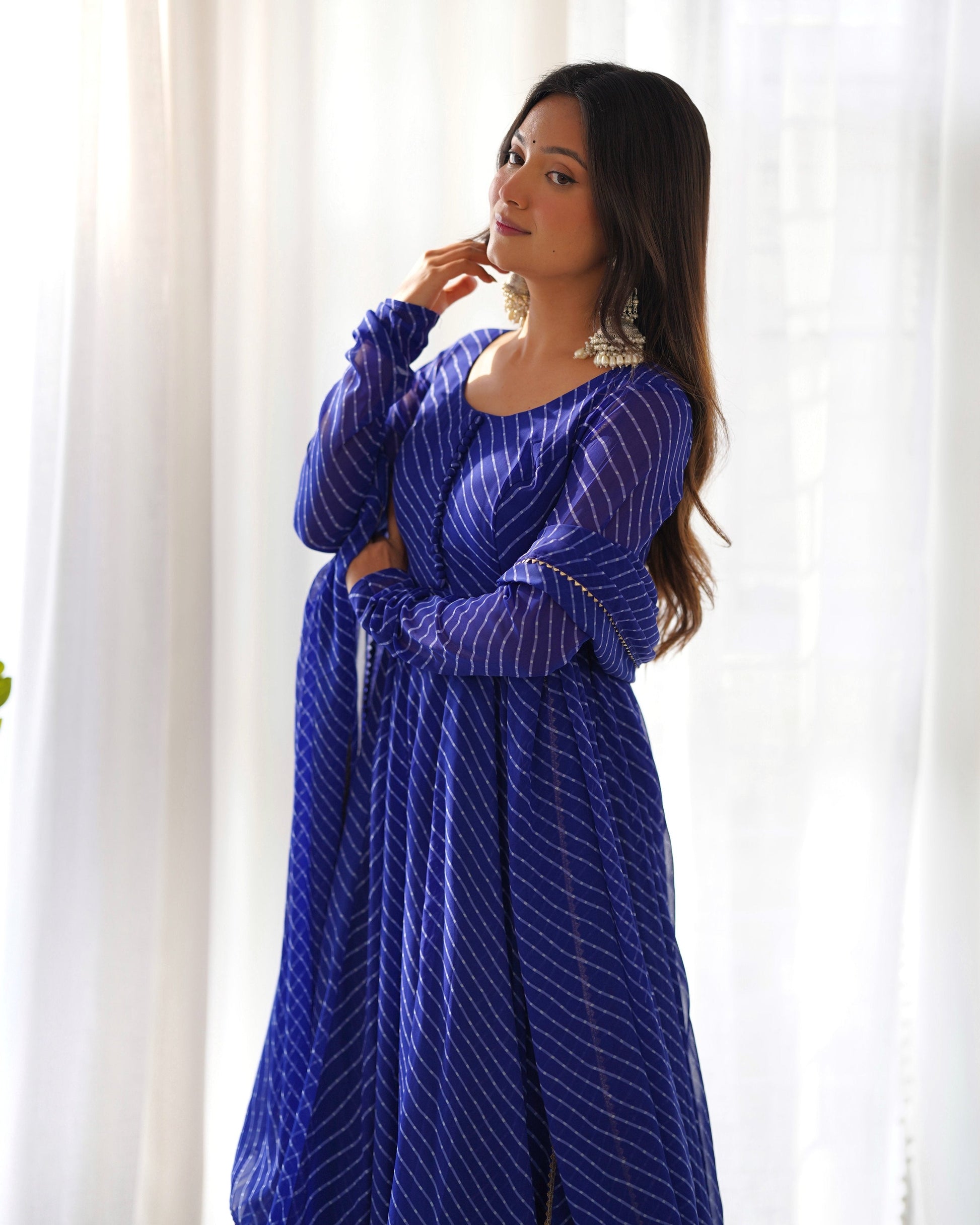 Teeya Creation Royal blue Abstract Leheriya Print Faux Georgette Anarkali Gown With Pants And Dupatta